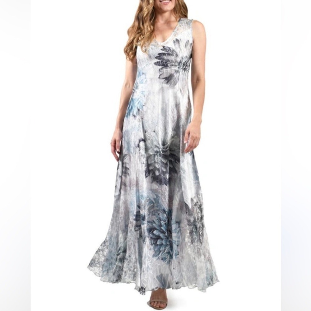 NWT Komarov Lace-Up Charmeuse & Lace Maxi Dress In Fountain Bloom Floral Size M